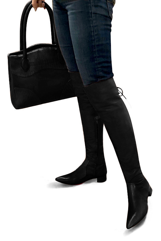 Satin black women's leather thigh-high boots. Tapered toe. Low flare heels. Made to measure. Worn view - Florence KOOIJMAN